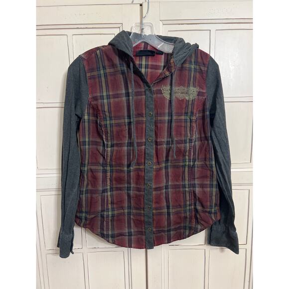 Harley Davidson size small womens plaid hooded button down top shirt - Picture 1 of 4